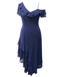 Asymmetric Georgette Midi Dress - Navy