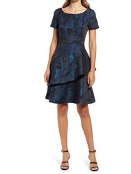 Asymmetrical Tiered Jacquard Dress - Blue