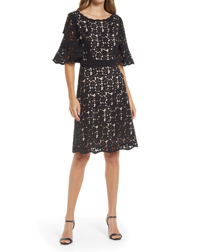 Bell Sleeves Laser Cutting Dress - Black/Nude