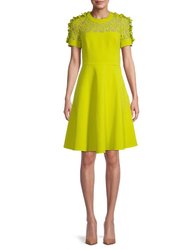 Crepe Dress With Floral Applique On Sleeves - Chartreuse