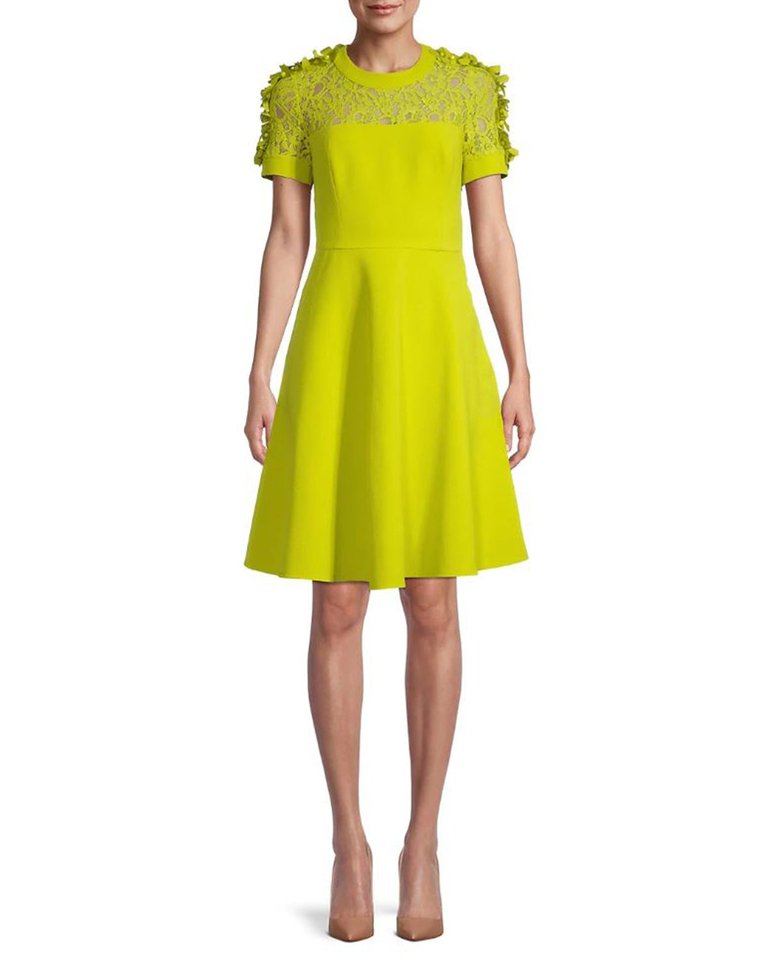 Crepe Dress With Floral Applique On Sleeves - Chartreuse
