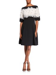 Crepe Dress with Floral Lace Bodice - Black