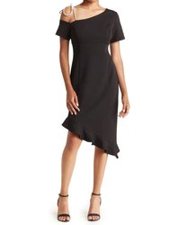 Crystal Bow Asymmetrical Ruffle Hem Dress - Black