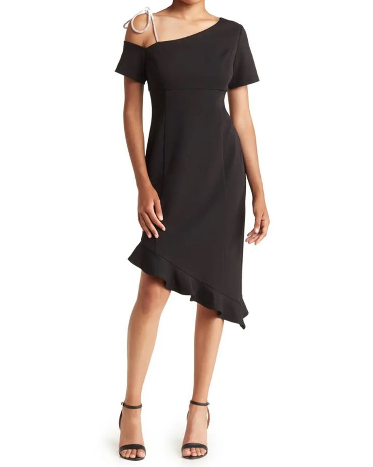 Crystal Bow Asymmetrical Ruffle Hem Dress - Black