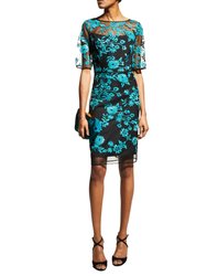 Embroidery Illusion Neckline Cocktail Dress - Black/Teal