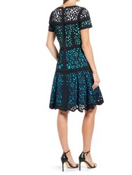 Fit and Flare Colorblocked Laser Cutting Dress in Teal