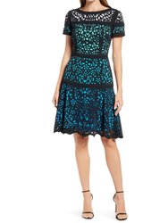 Fit and Flare Colorblocked Laser Cutting Dress in Teal - Black/Teal