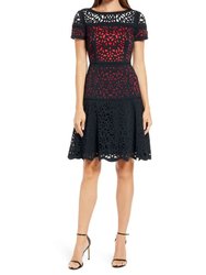 Fit and Flare Colorblocked Laser Cutting Dress - Black/Red