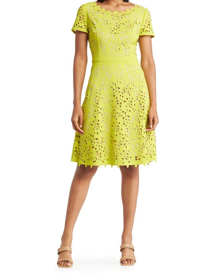 Focus By Shani - Laser Cut Fit And Flare Dress - Citron - Citron/Nude