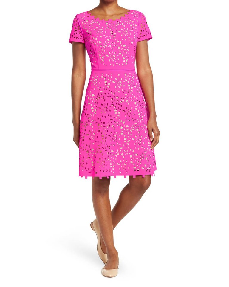 Focus by Shani - Laser Cut Fit and Flare Dress - Hot Pink/Nude