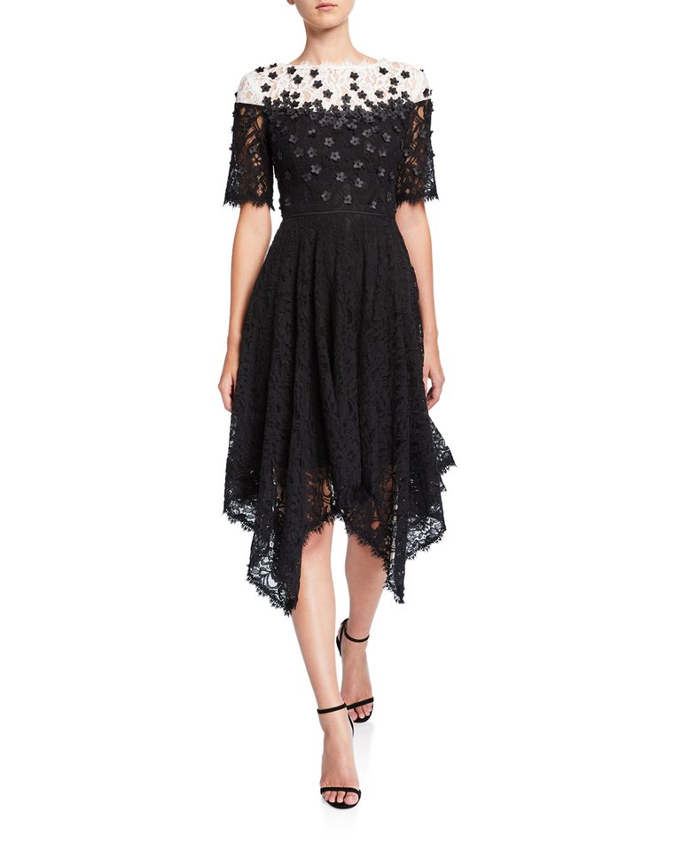 Handkerchief Floral Applique Lace Dress - Black/White