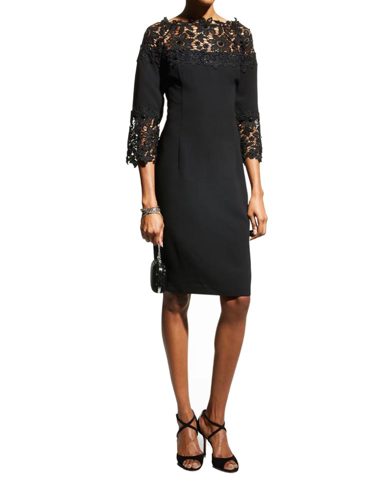 Off The Shoulder Beaded Lace Yoke Dress - Black