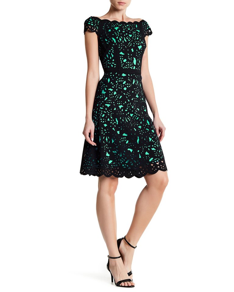 Off The Shoulder Laser Cutting Dress - Black/Mint - Black/Mint