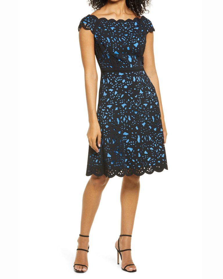 Off the Shoulder Laser Cutting Dress - Black/Blue