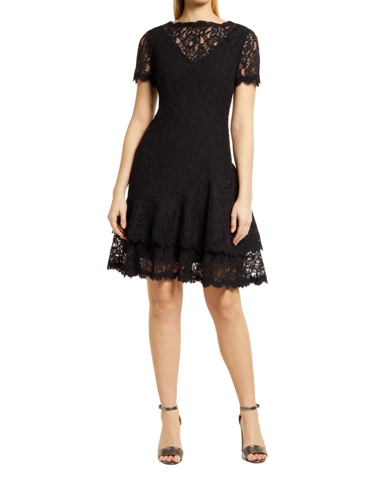 Short Sleeve Double Ruffle Lace Dress - Black