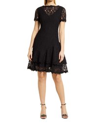 Short Sleeve Double Ruffle Lace Dress - Black