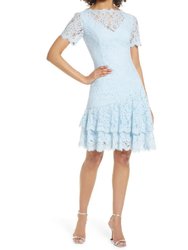 Short Sleeve Double Ruffle Lace Dress - Dusty Blue