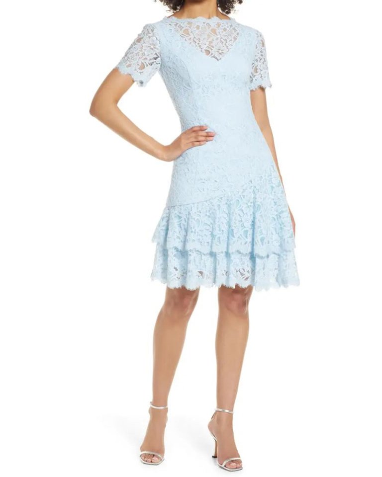 Short Sleeve Double Ruffle Lace Dress - Dusty Blue