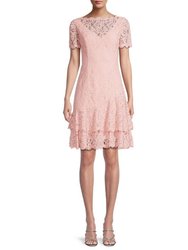 Short Sleeve Double Ruffle Lace Dress - Dusty Pink