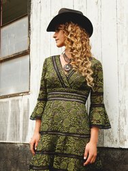 Surplice Neckline Bell-Sleeve Lace Dress - Green