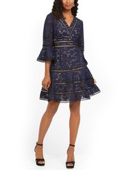 Surplice Neckline Bell-Sleeve Lace Dress - Blue