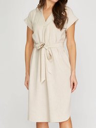 Drop Short Sleeve Waist Tie Linen Dress - Natural