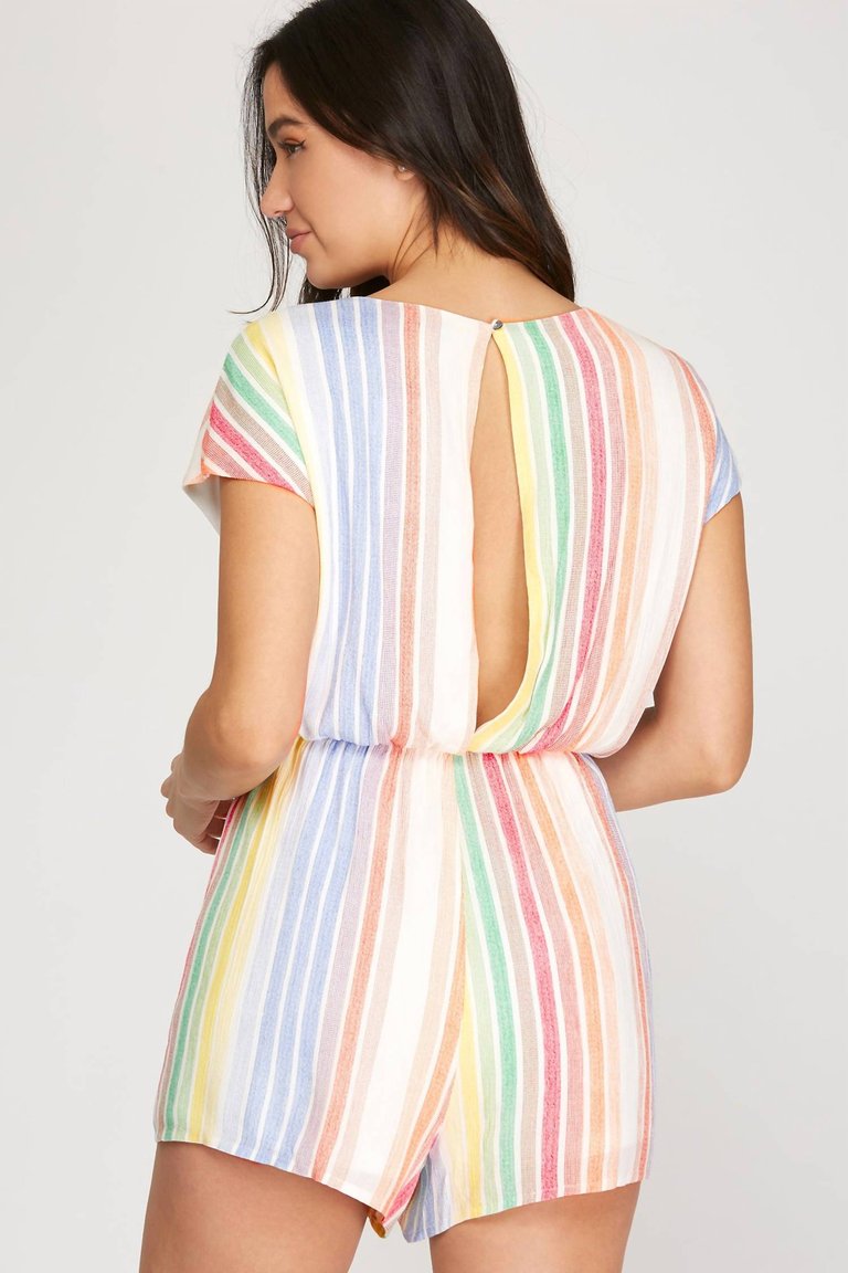 Drop Shoulder Woven Striped Romper With Front Tie Detail