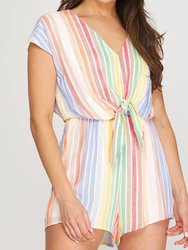 Drop Shoulder Woven Striped Romper With Front Tie Detail - Peach Combo