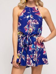 Hawaiian Floral Print Romper - Royal Blue