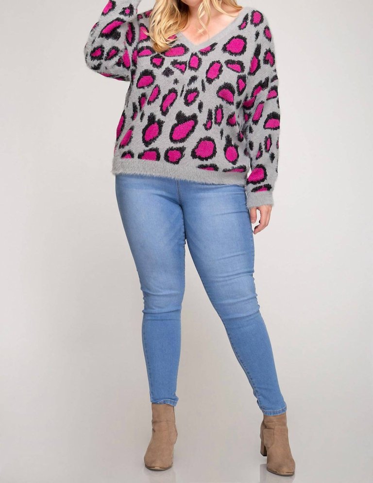Leopard V Back Plus Sweater - Hot Pink/Grey