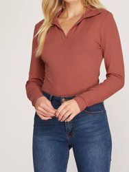 Long Sleeve Ribbed Knit Collared Bodysuit