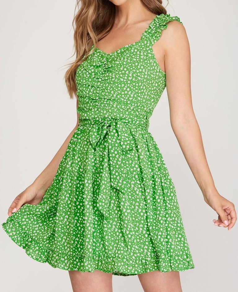 Ruffle Sleeve Dress With Waist Sash - Green Floral Print
