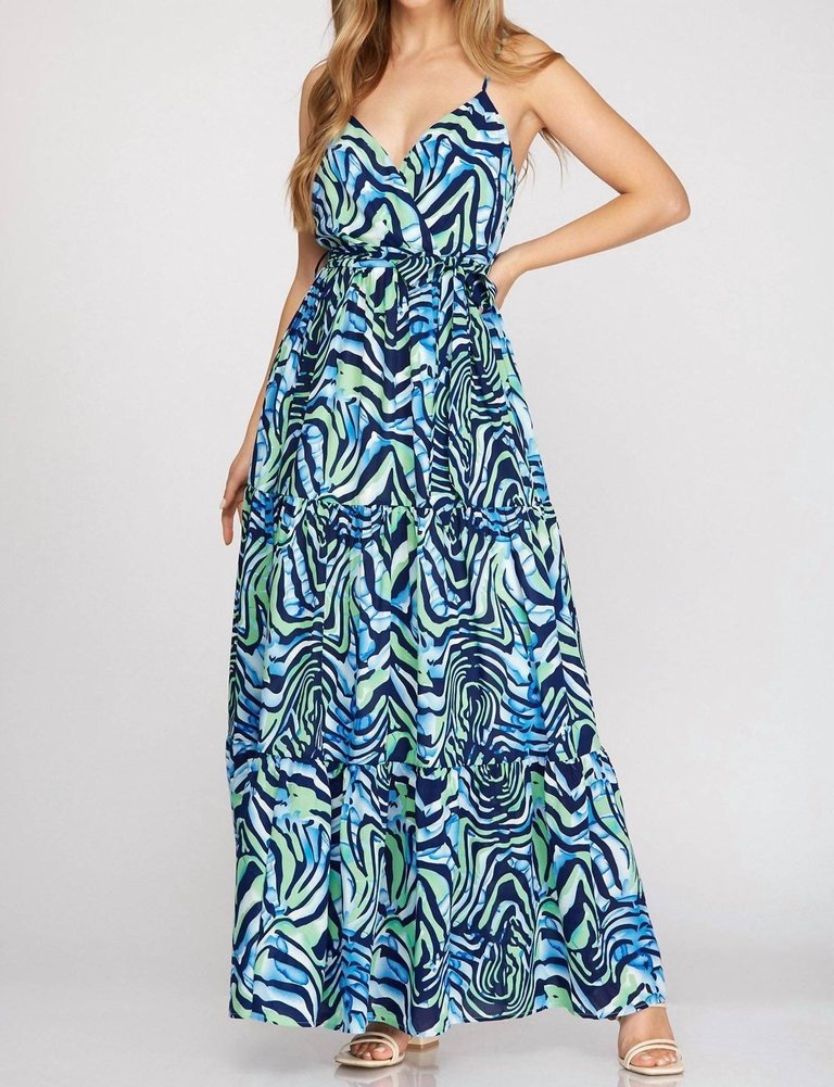 Surplice Cami Printed Woven Tiered Maxi Dress - Navy
