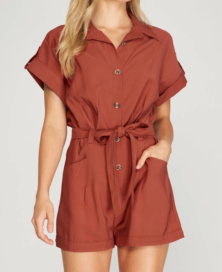 Drop Shoulder Woven Twill Romper With Pockets - Rust