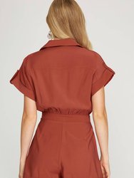 Drop Shoulder Woven Twill Romper With Pockets