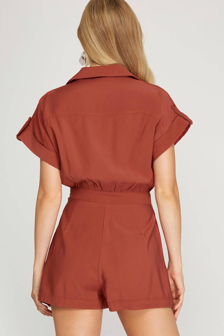 Drop Shoulder Woven Twill Romper With Pockets