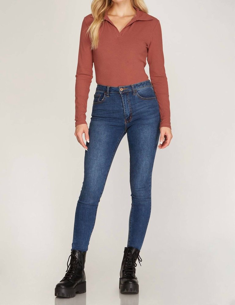 Long Sleeve Ribbed Knit Collared Bodysuit - Terracotta