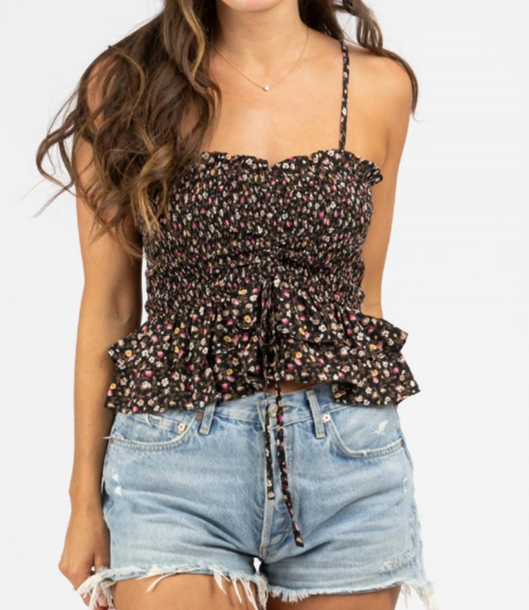Print Ruched And Smocked Top Cami - Black