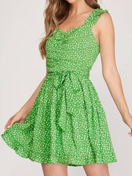 Ruffle Sleeve Dress With Waist Sash - Green Floral Print