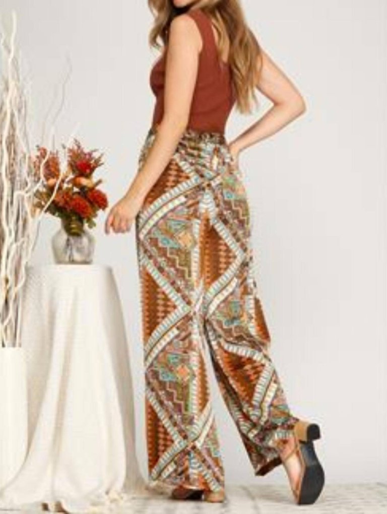 Satin Print Wide Pant In Brown