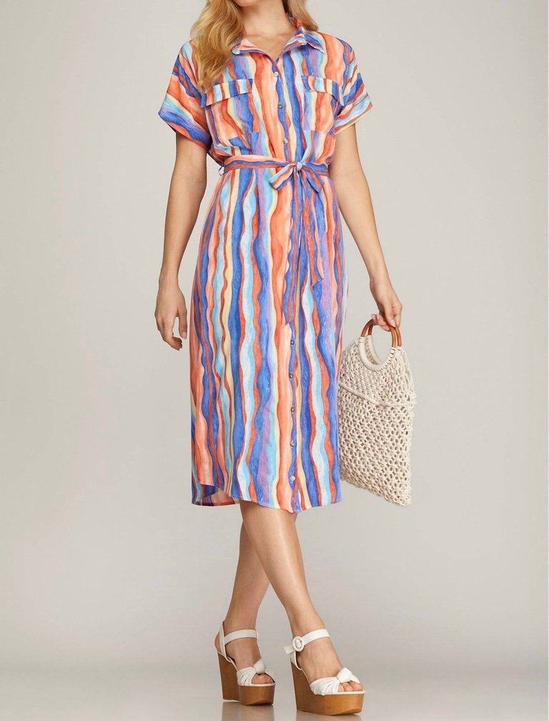 Short Sleeve Button Down Woven Midi Dress In Multi - Multi