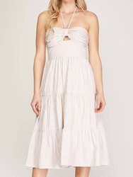 Tallulah Falls Sleeveless Halter Midi Dress - White/Tan