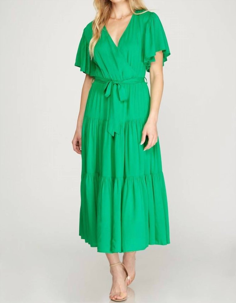Tiered Maxi Dress With Flutter Sleeve - Kelly Green