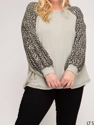 Waffle Knit With Contrast Leopard Print Sleeve Top - Sage Green