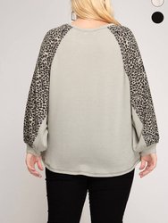 Waffle Knit With Contrast Leopard Print Sleeve Top