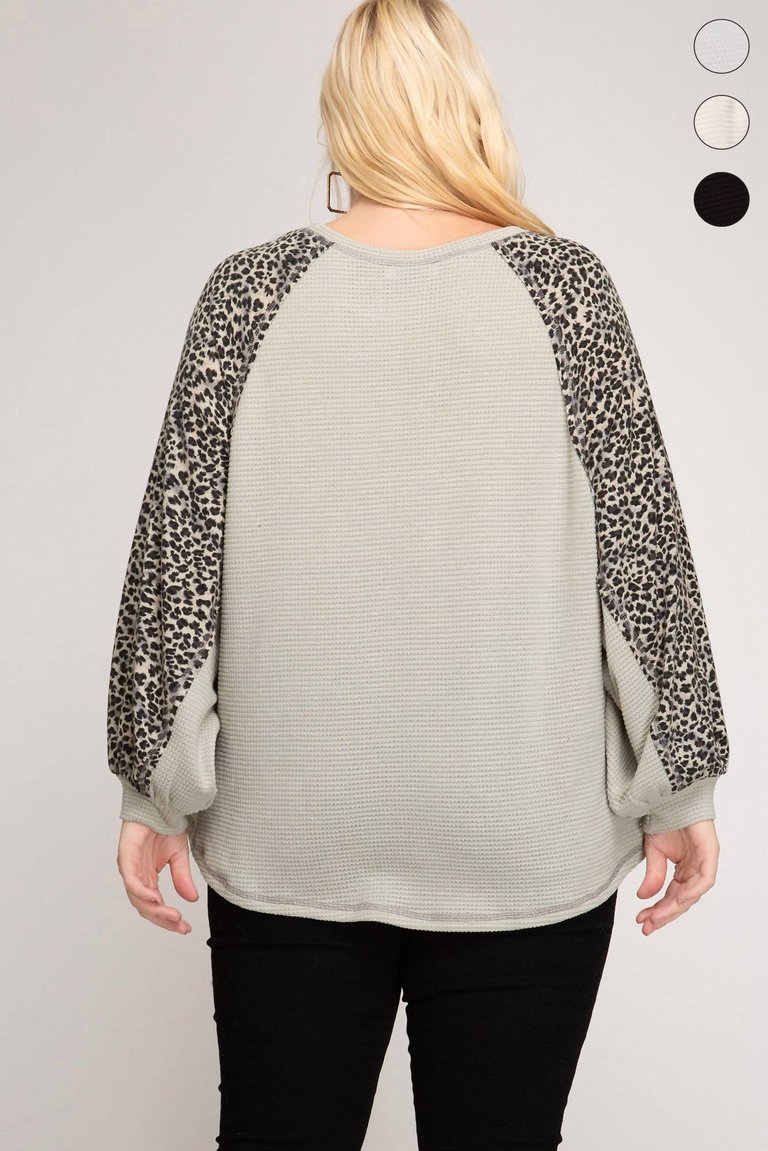 Waffle Knit With Contrast Leopard Print Sleeve Top