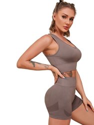 High Waisted Quick Drying Yoga Fitness Suit Set - Brown