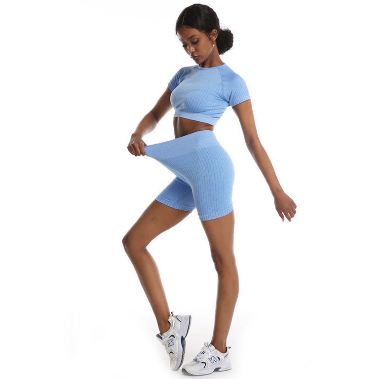 Women Running Tight Yoga Two Piece Fitness Suit Quick Dried Training Suit - Blue