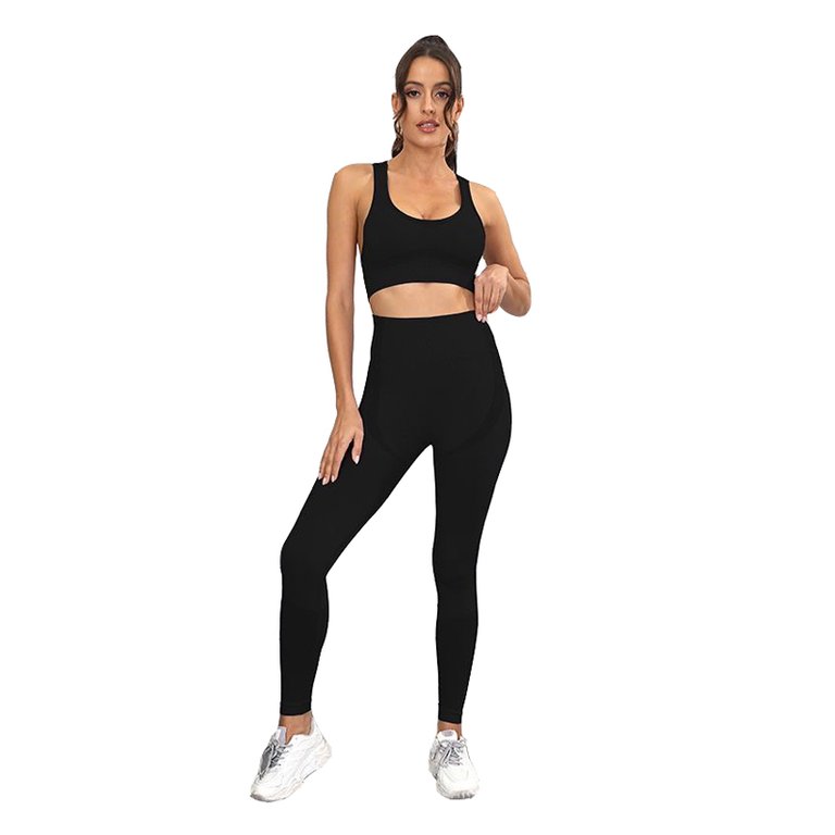 Women Sports And Fitness Fashion Buttock Lifting Yoga Suit Set - Black