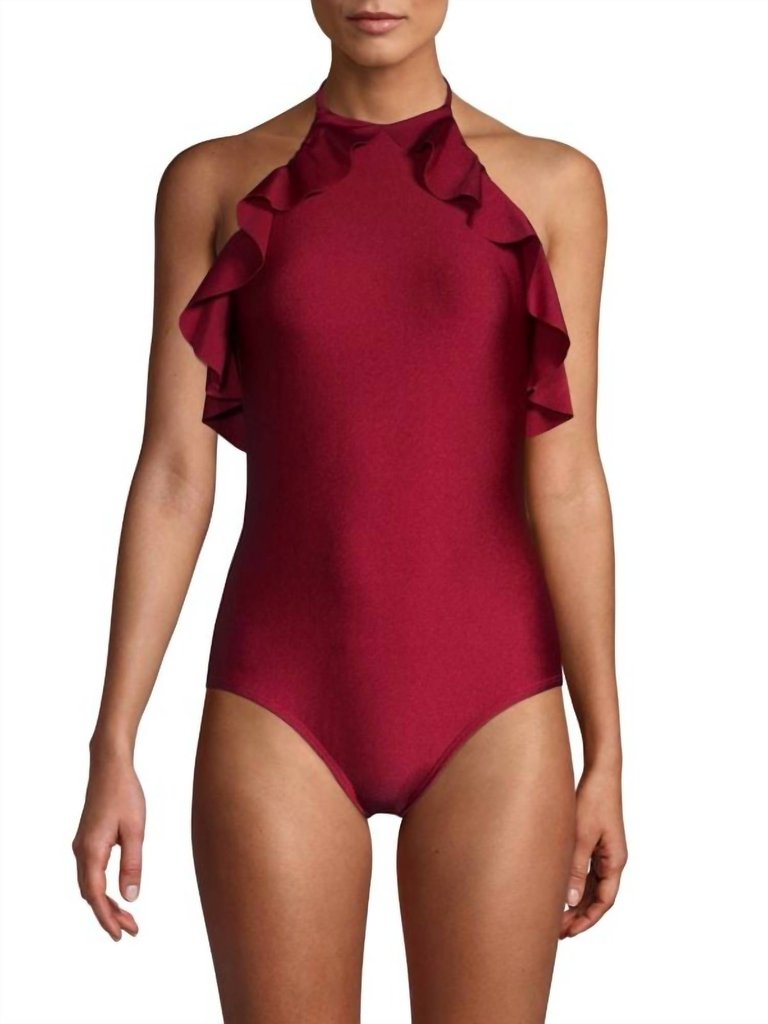 Ruffle Halter One Piece Swimsuit In Syrah - Syrah